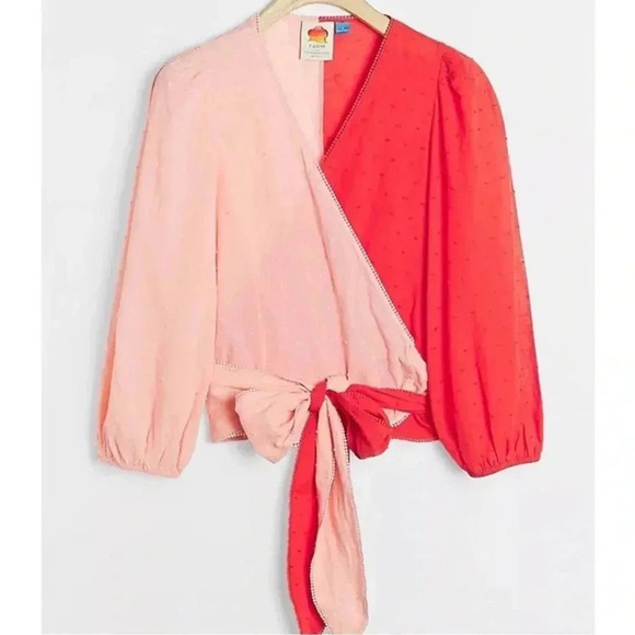 Anthropologie x FARM Rio Wrap Shirt Women's Small Blouse Top Swiss Dot Pink Red - Picture 2 of 7